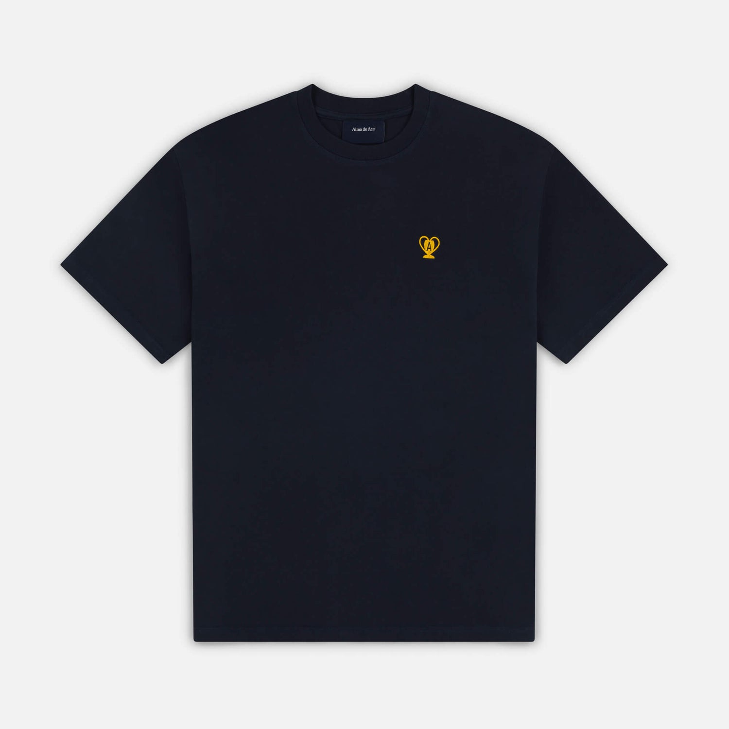 Black t-shirt with  Gold Trophy logo on a white background