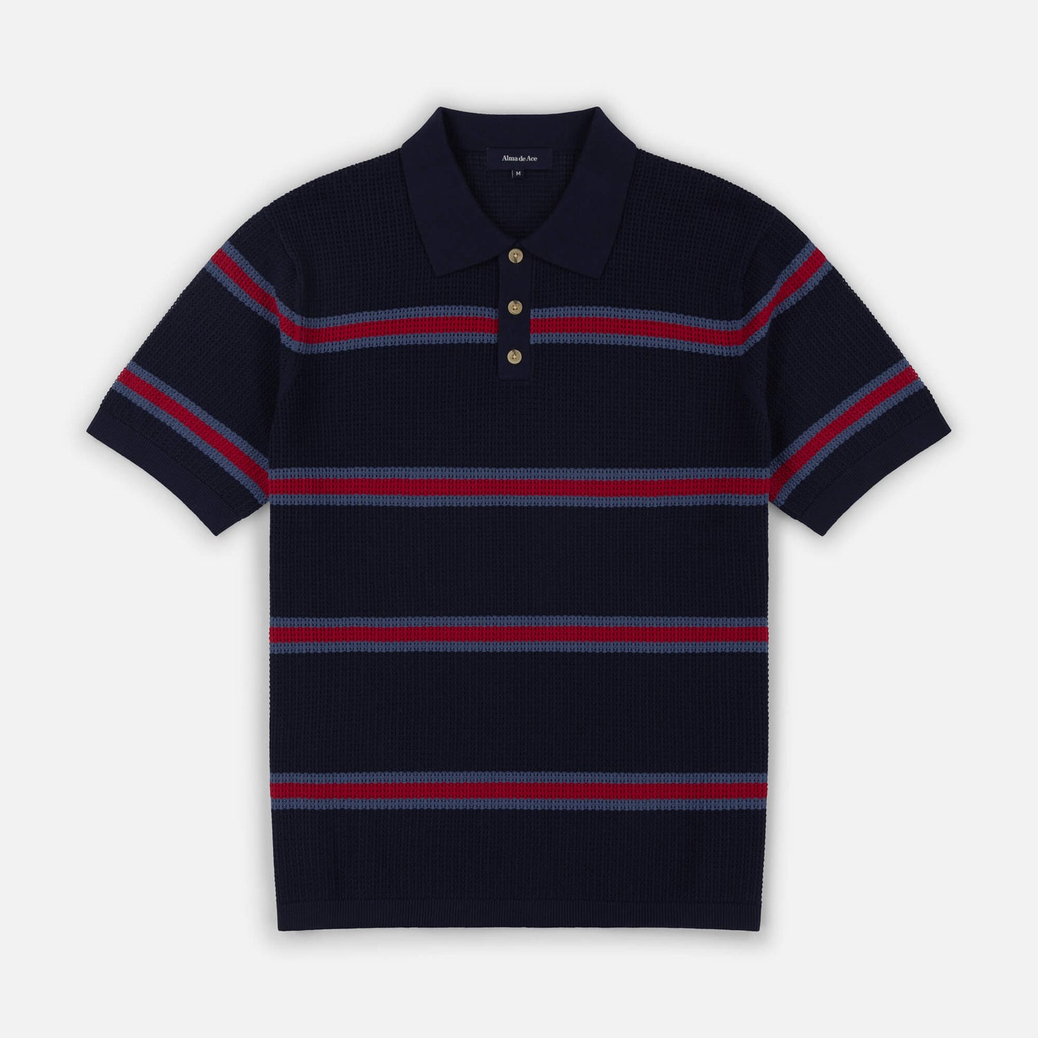 Navy polo shirt with red and gray stripes on a white background